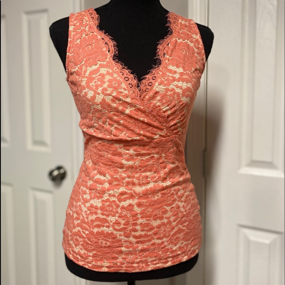 Coral V Neck Floral Lace Blouse - Picture 4 of 9